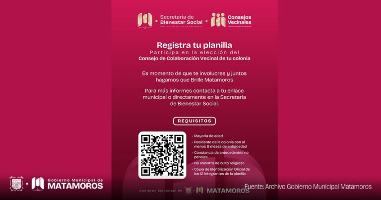 Se abre el registro para participar en la elección del consejo de colaboración vecinal en Matamoros