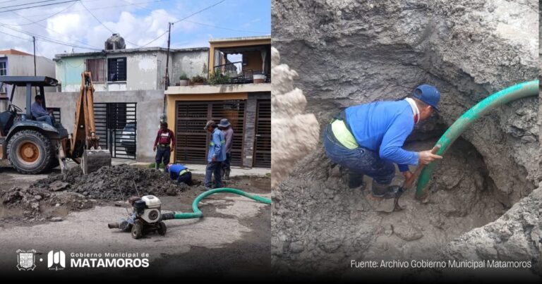 El Gobierno de Matamoros, a través de la Junta de Aguas y Drenaje, realizó trabajos de reparación en una fuga de agua potable.